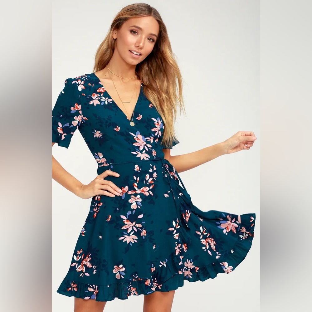 Lulu’s Dalton Teal Blue Floral Print Ruffled Wrap Dress, Size S, EUC